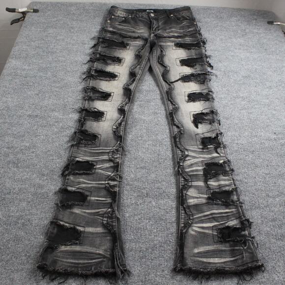 Guapi Jeans Mens 32 Flare Distressed Black Patchwork Stacked Hip Hop Streetwear - Picture 1 of 13